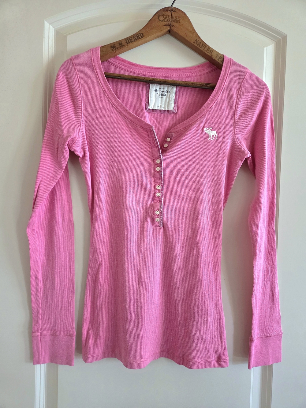 Vintage Abercrombie & Fitch Ribbed Henley Top Pink M Bella Swan Y2K Moose Logo